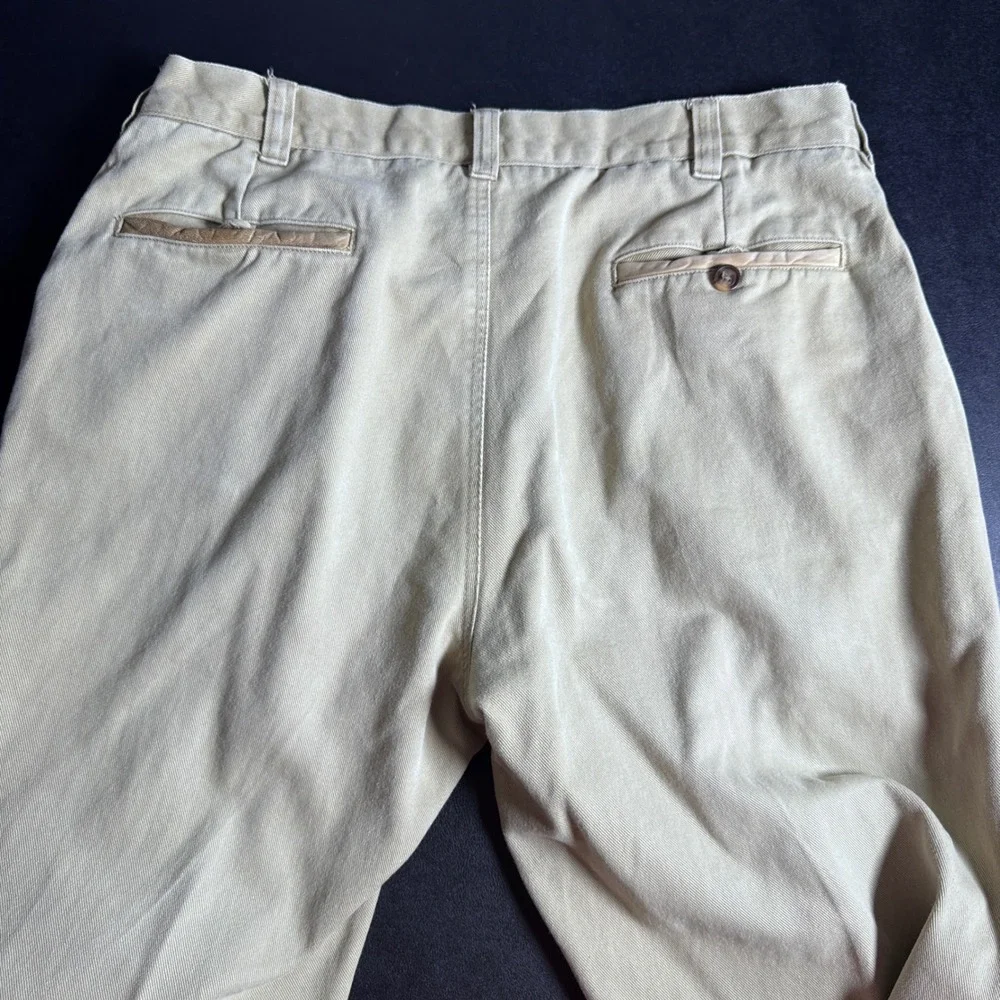 Orvis Trousers Mens 34 Khaki Tan Solid Leather Trim Cotton‎ Twill Cuffed Vintage